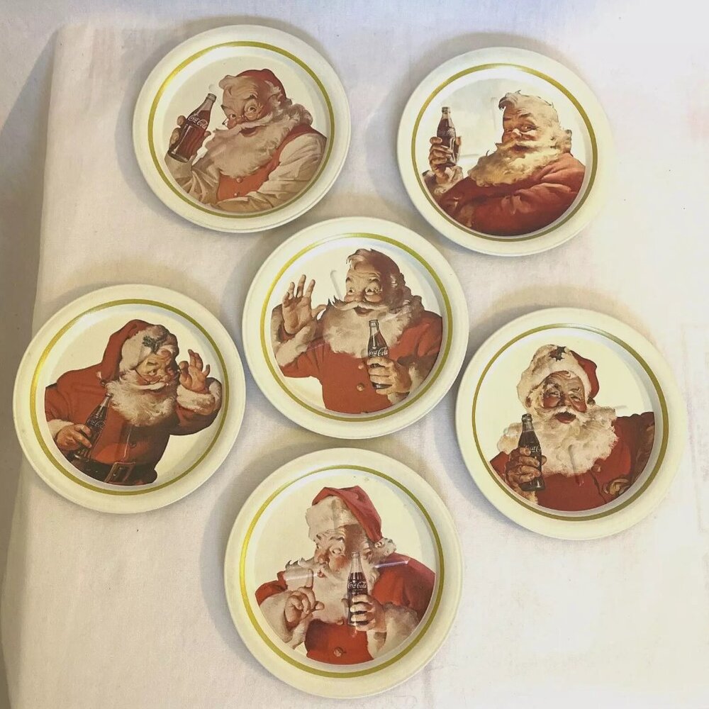 Christmas Coca Cola Coasters Set of 6 Steel 1983 Santa Coke 3.5" 6 Pictures